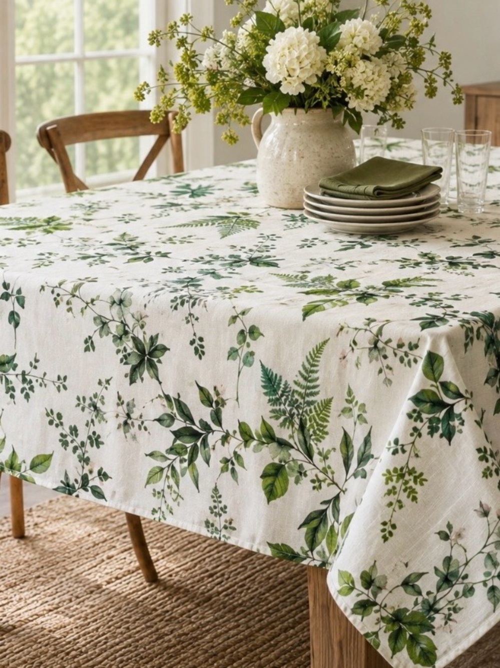 Rare Terrain By Hope Home 100% Linen Botanical Tablecloth Green & White